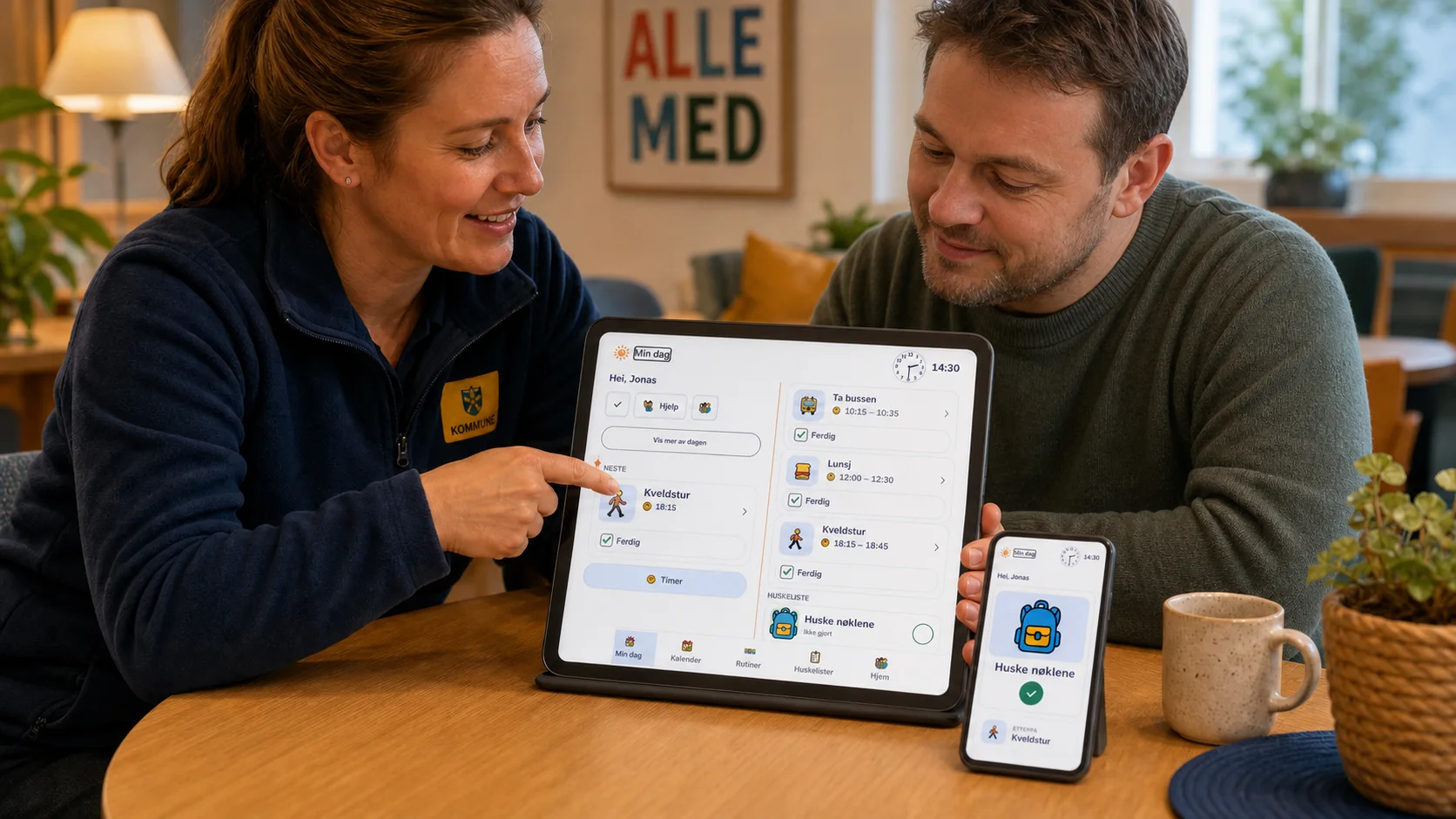 En Dagly-bruker og en kommunal støtteperson planlegger sammen med Dagly på nettbrett og telefon